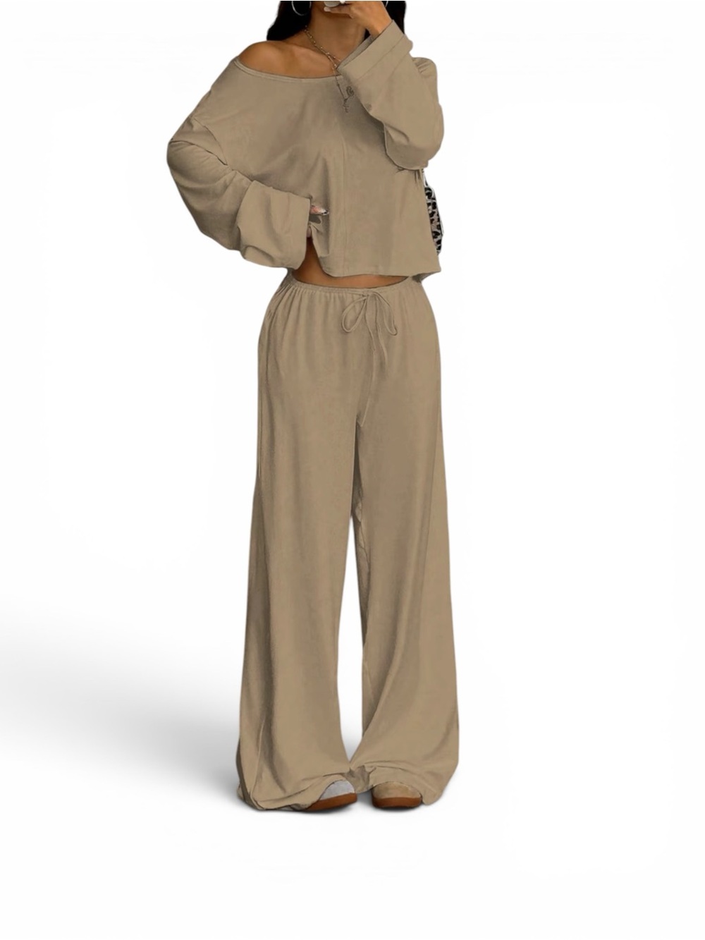 Women's Wide-Leg Lounge Pants Set - Beige